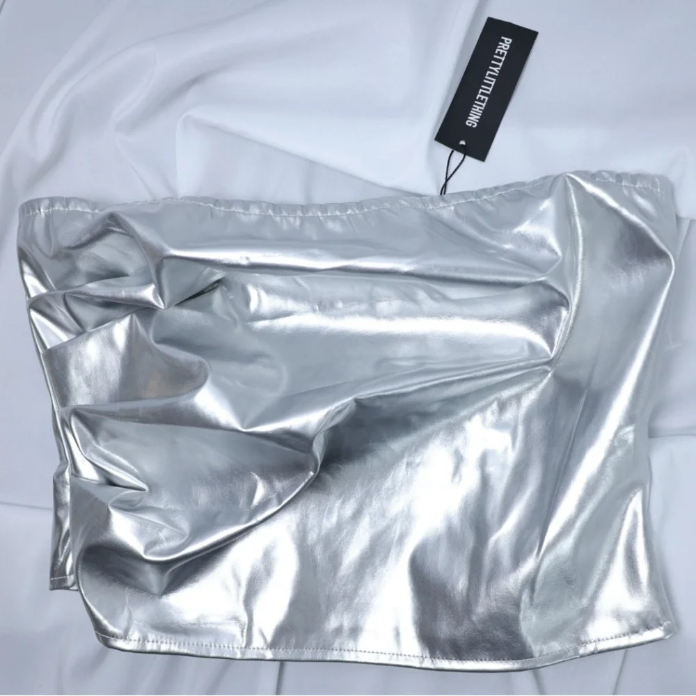 New PrettyLittleThing Silver Metallic Faux Leather Ruched Side Bandeau, size 6